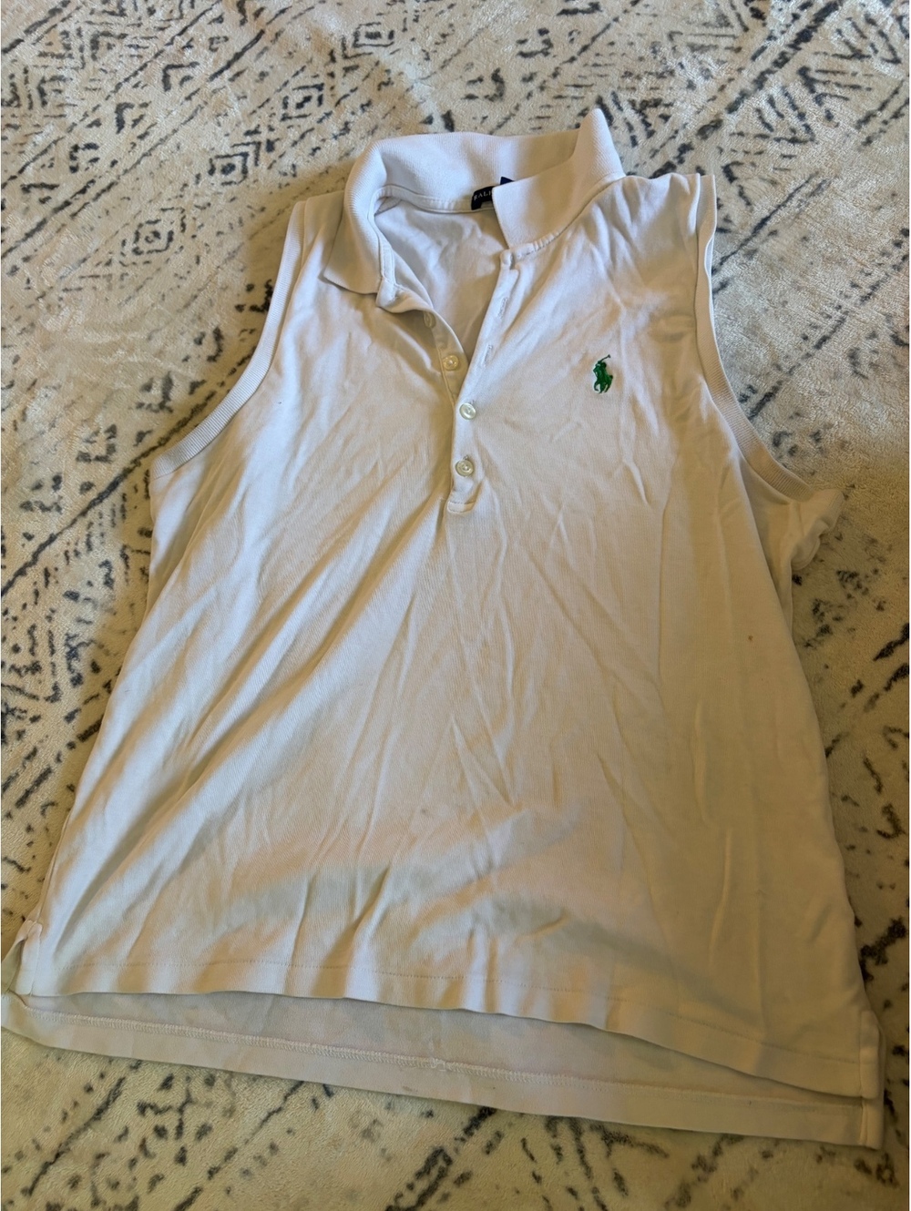 Ralph Lauren White Sleeveless Polo Shirt with Green Logo, Size Large